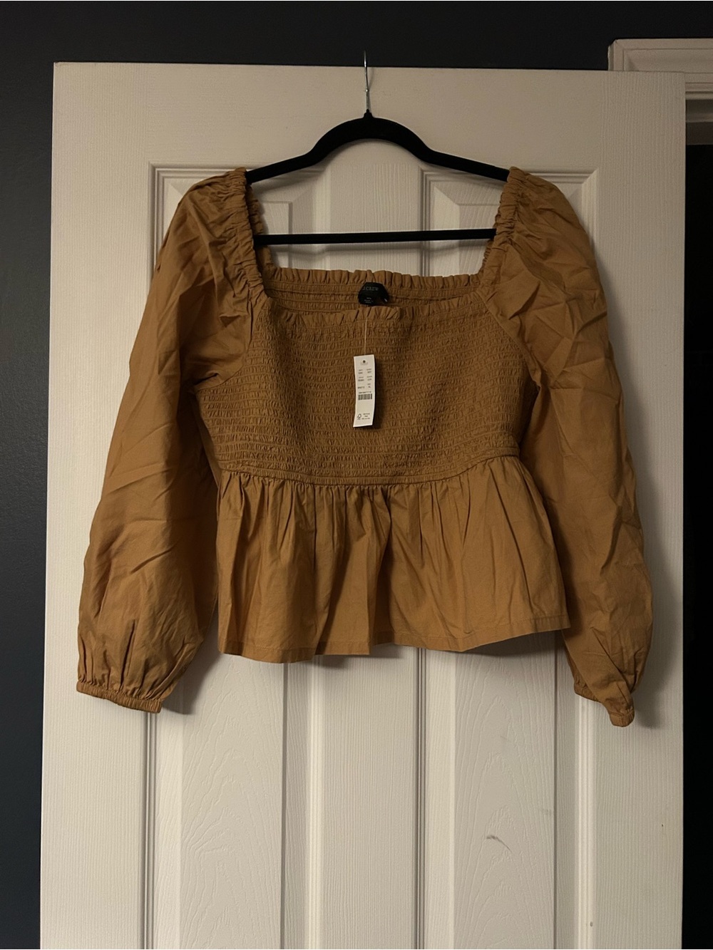 J.Crew Smocked Square-Neck Peplum Cropped Blouse in Camel